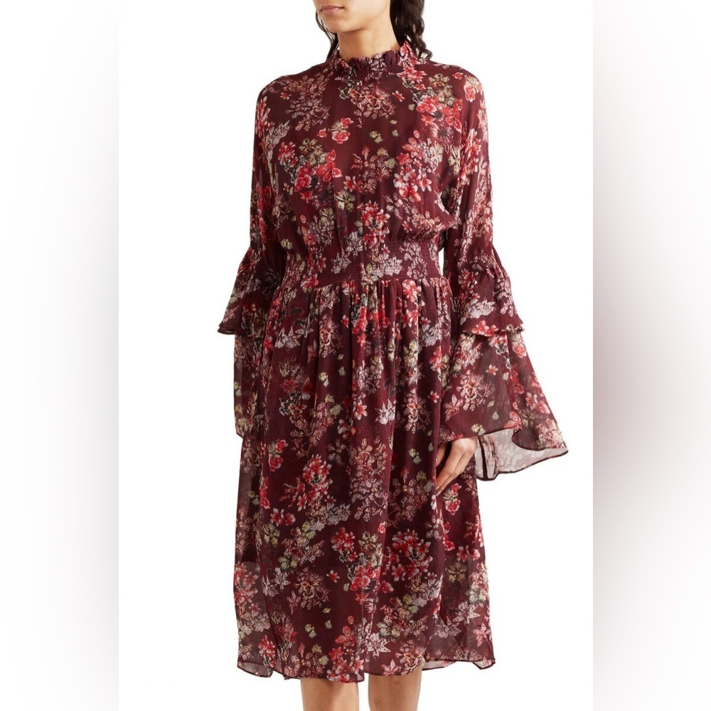 IRO Smocked Floral Print Georgette Dress Burgundy sz 42